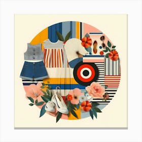 A Minimal Collage Artwork Featuring Fashionable Clothes, Stripe And Floral Prints, And Saturated Colors Arranged In A Circle On A Cream Colored Background Canvas Print