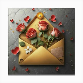 An open red and yellow letter envelope with flowers inside and little hearts outside 11 Canvas Print