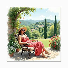 Stylish Italian Woman In Watercolor, Relaxing In A Beautiful Tuscan Garden Canvas Print