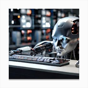 Robot Sitting At Desk Canvas Print