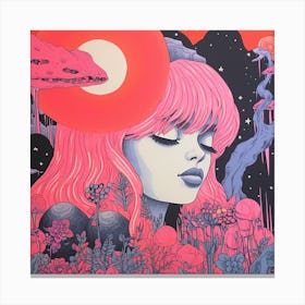 Ethereal Girl Surreal Risograph Illustration, Bubblegum Colours 4, Witch & Moon Canvas Print