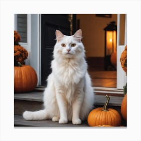 White Cat In Front Of Pumpkins Canvas Print