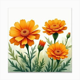 Bright Marigolds Blooming In A Watercolor Garden Scene Canvas Print