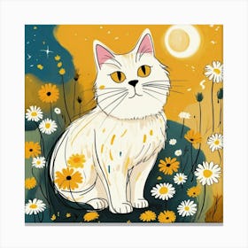 White Cat In Daisies Canvas Print