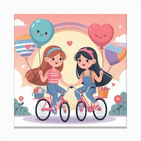 Two Girls On Bicycles With Balloons Canvas Print