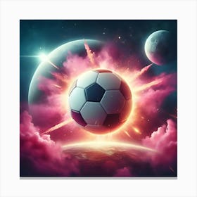 A Photo Realistic Soccer Ball As A Planet In Space With Pink Smoke And Explosions, With 2 Moons In The Background, Digital Art Canvas Print