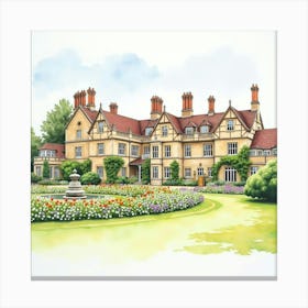 Watercolor Scene Of The Corsham Court In Wiltshire, Showcasing Its Grand Design And Picturesque Gardens Canvas Print