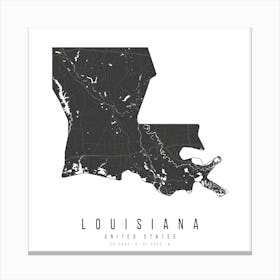 Louisiana Mono Black And White Modern Minimal Street Map Square Canvas Print
