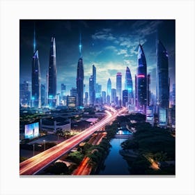 Bangkok Cityscape Set In A Futuristic Era Skyscrapers Ablaze With Neon Lights Merging Seamlessly W (6) Canvas Print