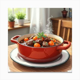 Watercolor Portrayal Of A Savory And Hearty Beef Stew On A Cozy Kitchen Table Canvas Print