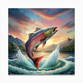 Salmon Leaping In A Mountain River At Sunset 1 Canvas Print