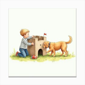 Watercolor Painting Of A Child And A Golden Retriever Building A Fort Canvas Print