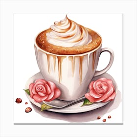 Coffee Cup With Roses Canvas Print