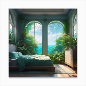 Anime Bedroom Full Of Plants With Giant Window Looking Out Underwater Canvas Print
