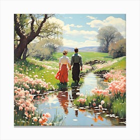 Couple Walking By A Stream Canvas Print