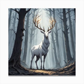 A White Stag In A Fog Forest In Minimalist Style Square Composition 43 Canvas Print