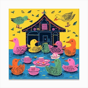 Duckling Afternoon Tea Linocut Style 1 Canvas Print
