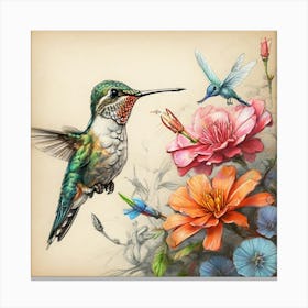 Hummingbird And Flowers Canvas Print