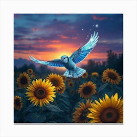 A Mystical Blue Jay With Crystal Wings Soaring Through A Garden Of Glowing Sunflowers At Twilight 1 Canvas Print