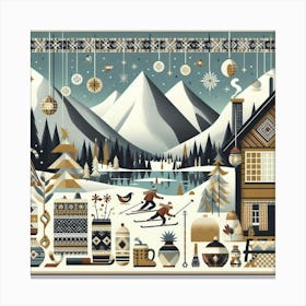 Scandinavian style, Mountains and snow and skiers 1 Canvas Print