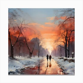 Couple Walking In The Snow Canvas Print