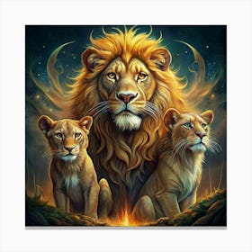 A Majestic Lion With Two Lion Cubs, Sitting Together Against A Background Of A Dark Starry Sky And A Burning Fire Canvas Print