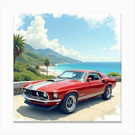 High End Car Against A Stunning Coastal Backdrop, Watercolor Painting 1 Canvas Print