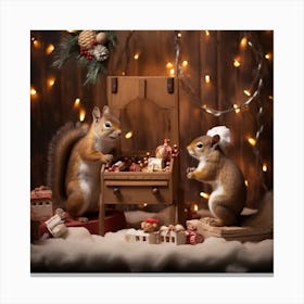 Two Squirrels With Christmas Decorations Canvas Print