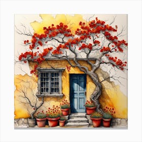 House With Red Flowers Canvas Print