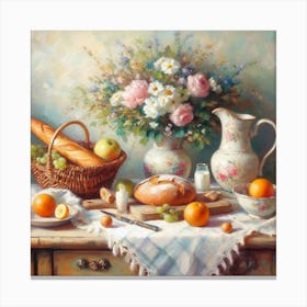 Table With Bread And Oranges Canvas Print