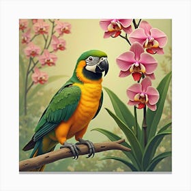 Parrot Near Blooming Orchids 1 Canvas Print