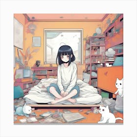 Anime Girl Sitting On Bed With Cats Canvas Print