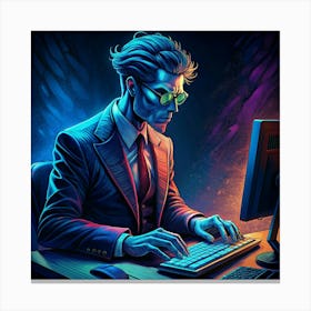 Man Typing On A Computer In Blue Neon Light Canvas Print