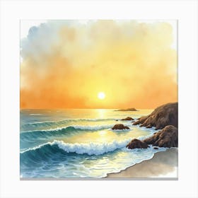 Watercolor Of A French Seaside Sunset With Golden Hues And Tranquil Waves 1 Canvas Print