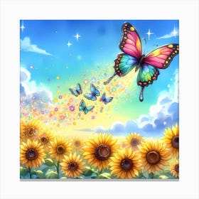 Butterfly Flying Over Sunflowers Canvas Print