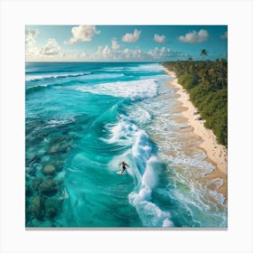 Drone View Capturing A Surfer Catching A Wave Near A Sandy Coastline Vibrant Turquoise Lagoon In Th (6) Canvas Print