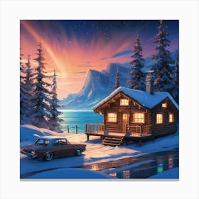 Twilight Glow on a Snowy Cabin Retreat by a Frozen Lake in the Mountains Canvas Print
