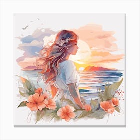 A Girl At Sunset on beach Canvas Print