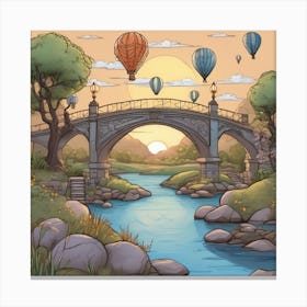 Bridge With Hot Air Balloons Landscape Canvas Print