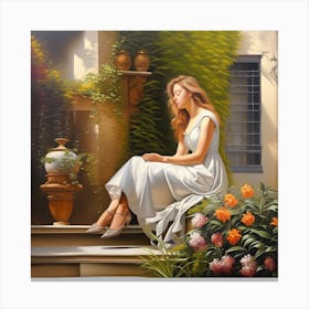 Girl Sitting On The Steps Canvas Print