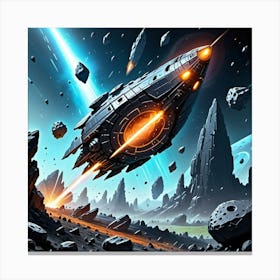 A futuristic spaceship flying through a field of asteroids, dodging massive rocks illuminated by the light of a nearby star. Canvas Print