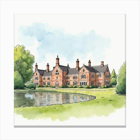 Watercolor Scene Of The Ordsall Hall In Salford, Featuring Its Historic Architecture And Picturesque Setting Canvas Print