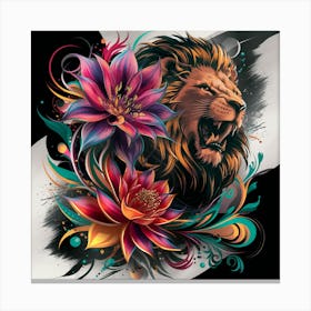 Lion And Flowers Canvas Print