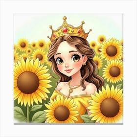 Watercolor Portrait Of Young Queen Amidst A Field Of Sunflowers Canvas Print