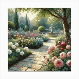 Rose Garden With The Fountain, Acrylic Style Painting 19 Canvas Print