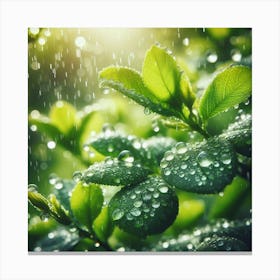 Raindrops On Green Leaves Canvas Print