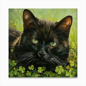 Black Cat With Shamrocks Canvas Print