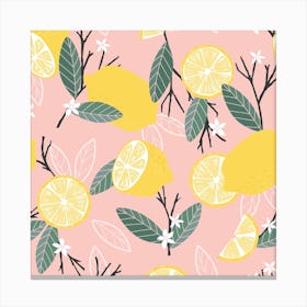 Lemon Pattern On Pink With Flowers And Branches Square Canvas Print