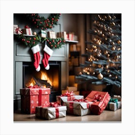 Christmas Presents In Front Of Fireplace 11 Canvas Print
