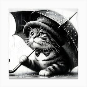 A Black And White Pencil Sketch Of A Cat Holding An Umbrella Canvas Print